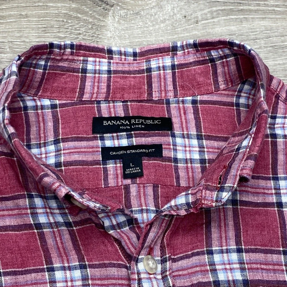 Banana Republic Shirt Camden Standard Fit Mens L Burgundy Plaid 100%‎ Linen SS